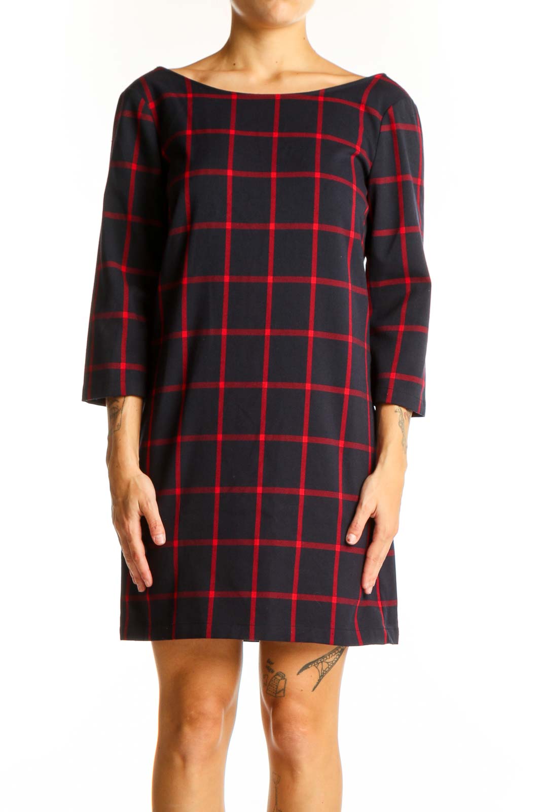 Front view of Mango black and red plaid shift dress with windowpane pattern