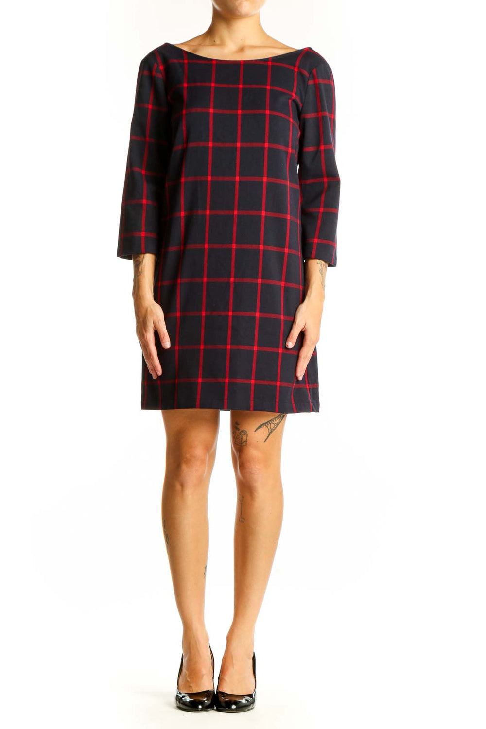 Front view of Mango black and red plaid shift dress with windowpane pattern