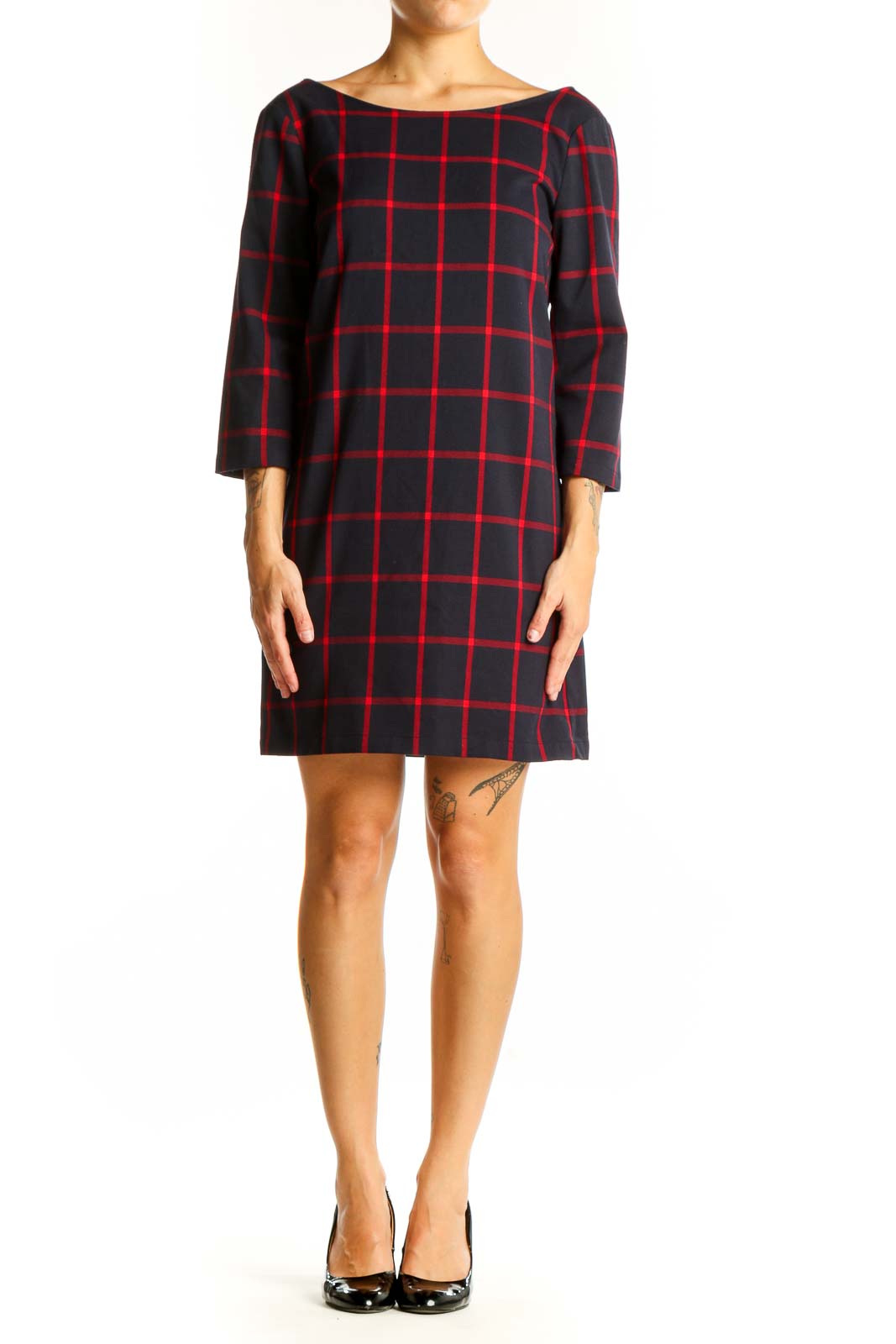 Front view of Mango black and red plaid shift dress with windowpane pattern