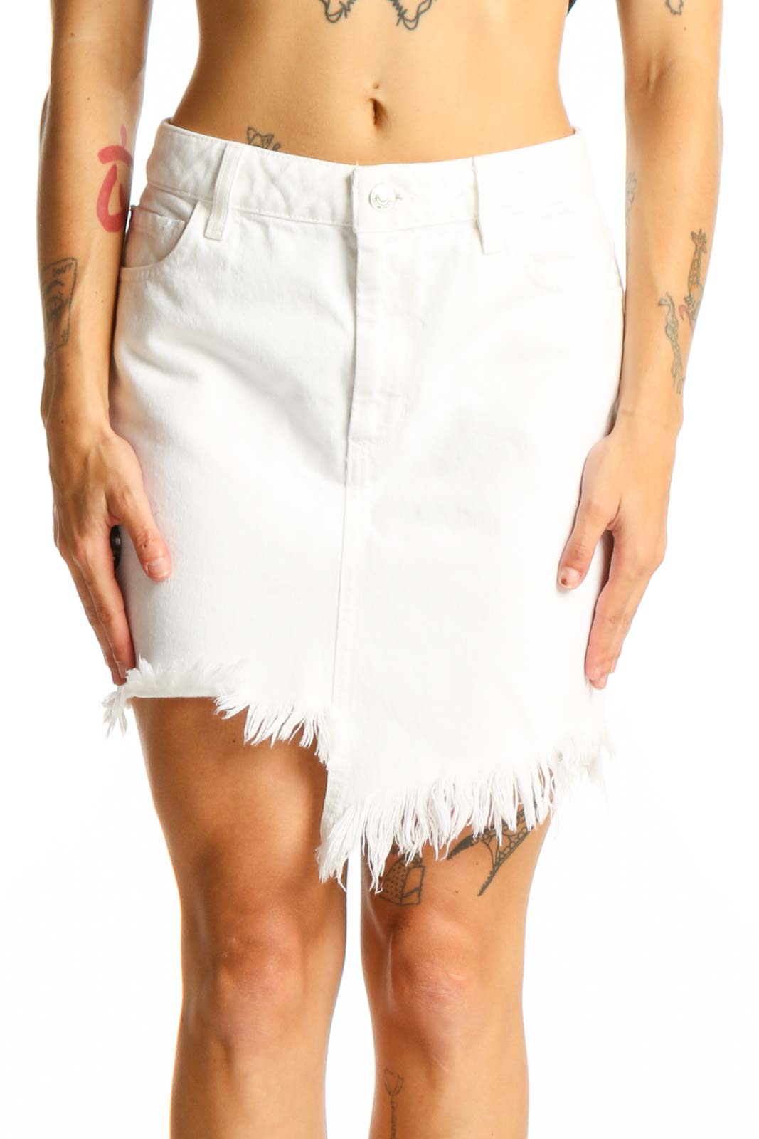Front view of white distressed denim mini skirt by Guess