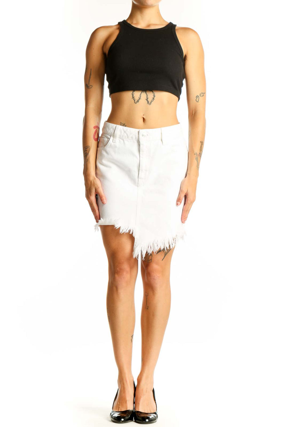 Front view of white distressed denim mini skirt by Guess