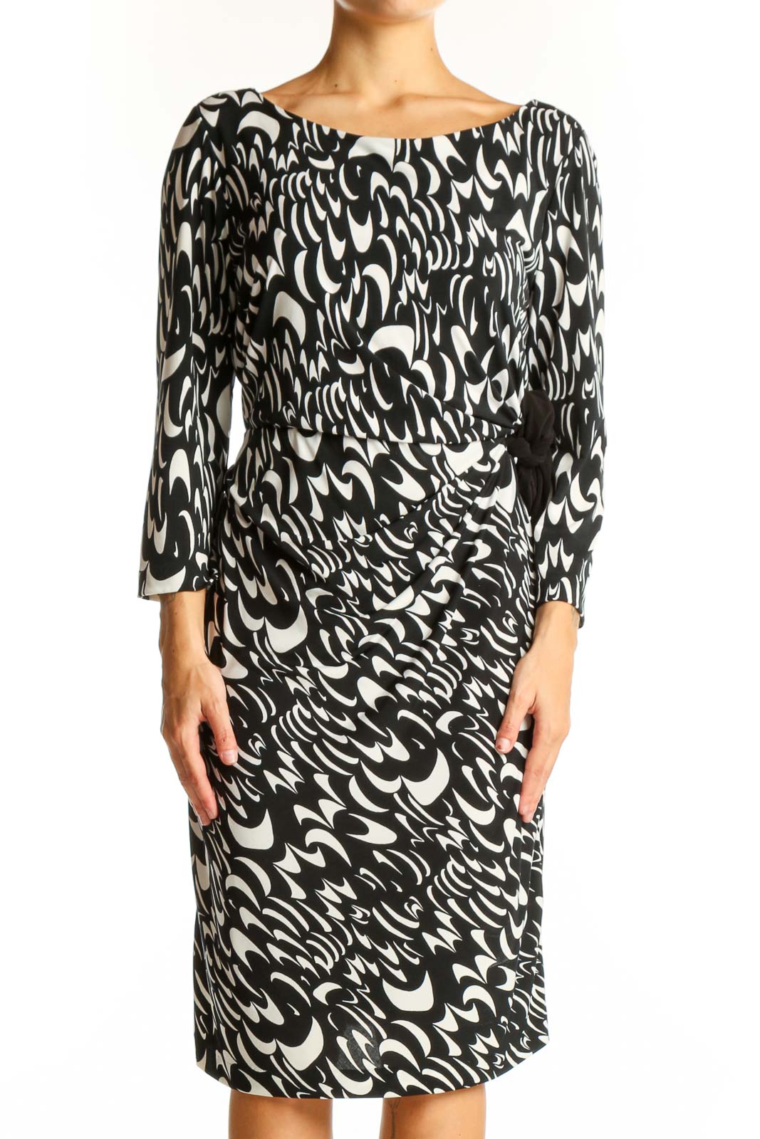 Front view of Chaus Black and White Abstract Print Midi Dress