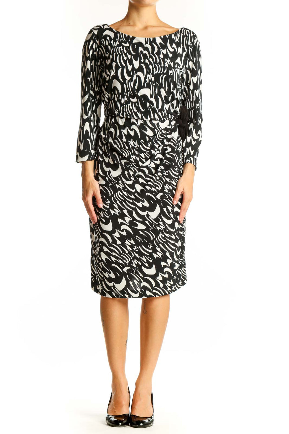 Front view of Chaus Black and White Abstract Print Midi Dress