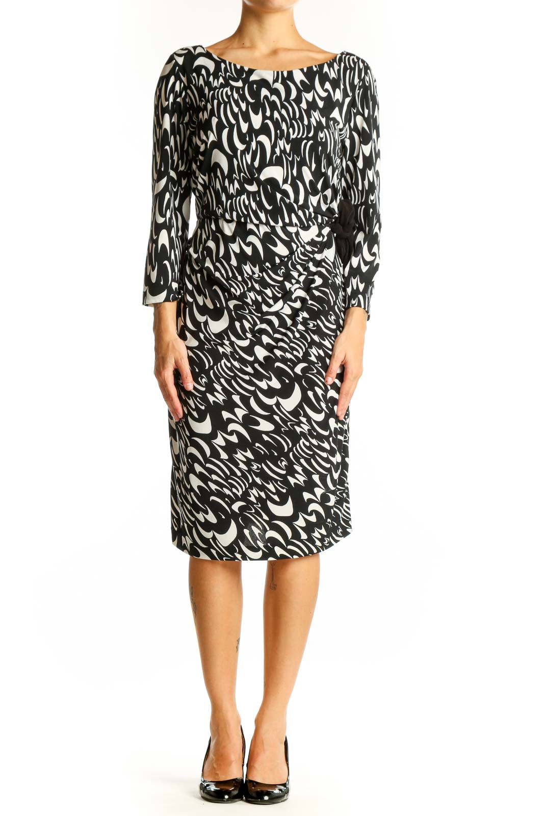 Front view of Chaus Black and White Abstract Print Midi Dress