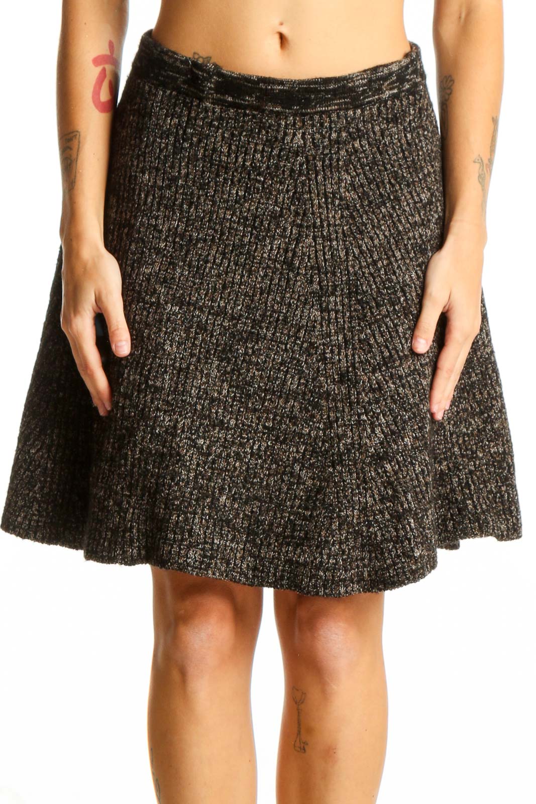 Front view of Adrienne Vittadini brown ribbed A-line skirt