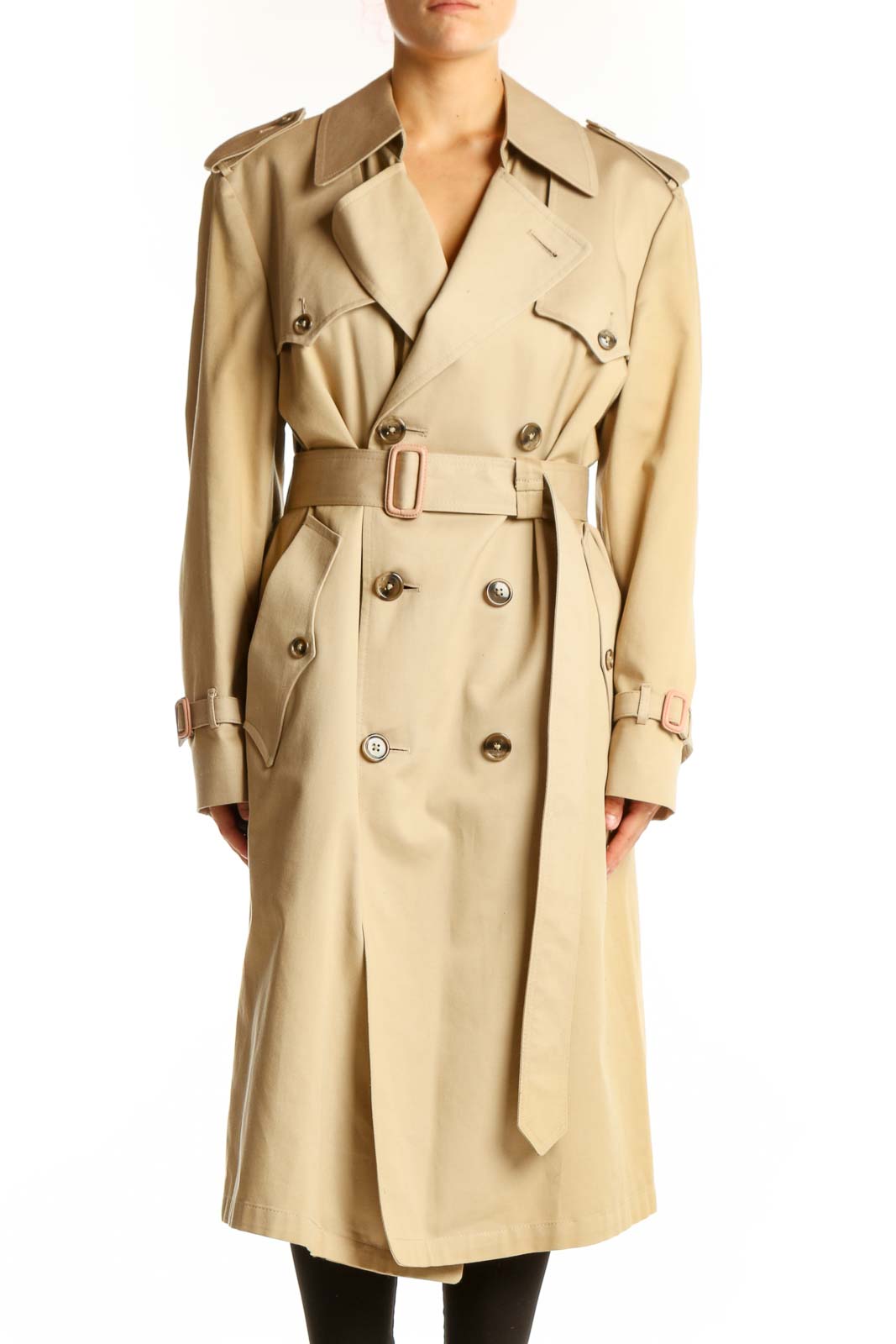Front view of Christian Dior Monsieur beige double-breasted trench coat