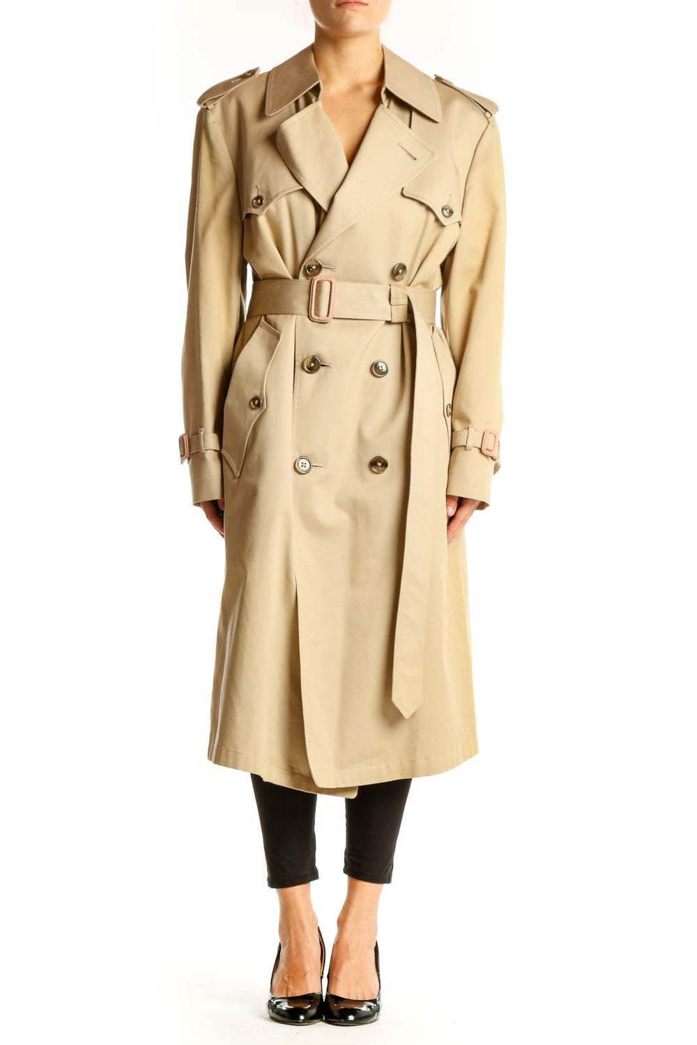 Front view of Christian Dior Monsieur beige double-breasted trench coat