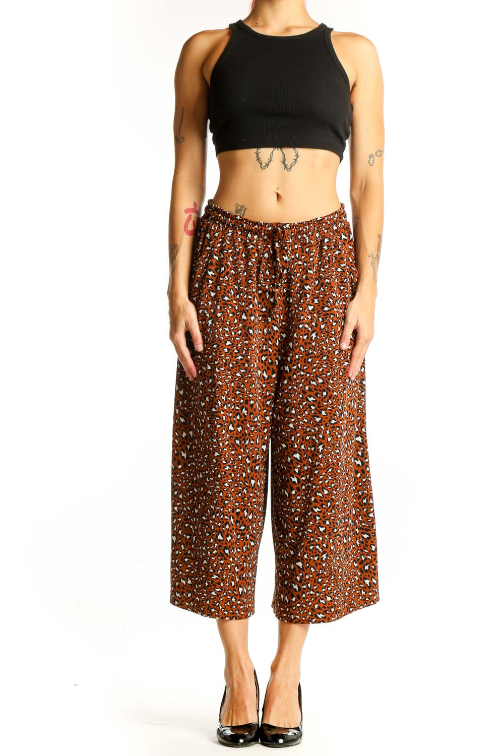 Front view of Banana Republic brown leopard print wide-leg cropped pants