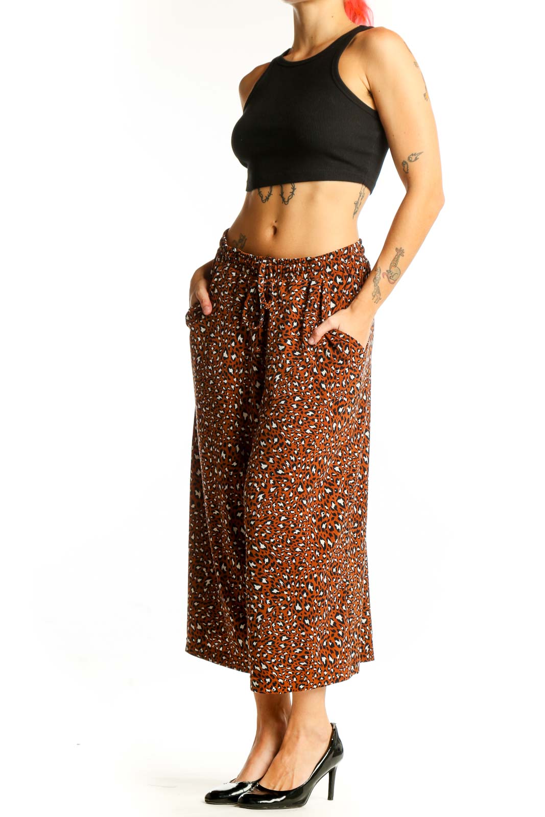 Front view of Banana Republic brown leopard print wide-leg cropped pants