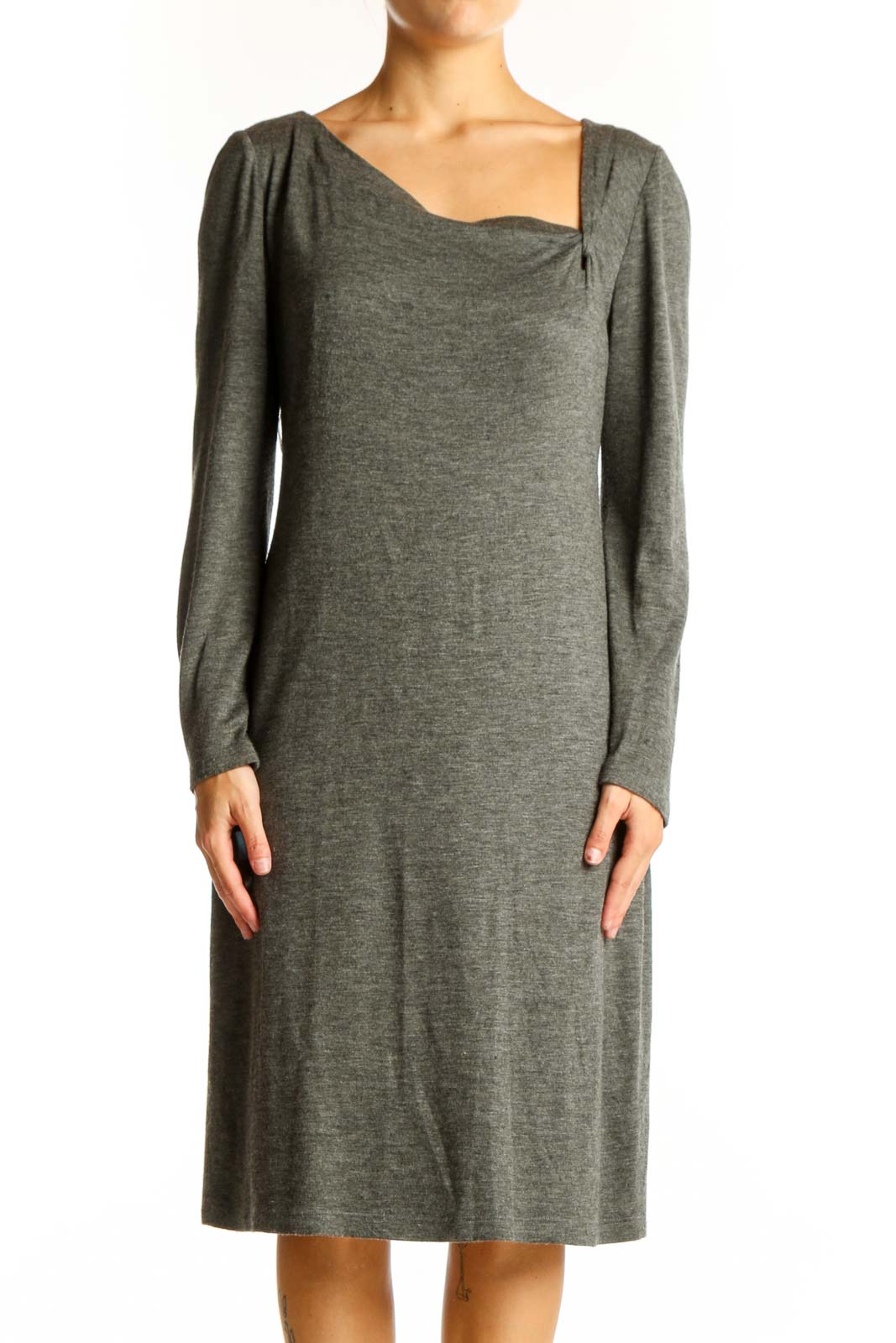 Front view of gray David Meister midi dress with square neckline