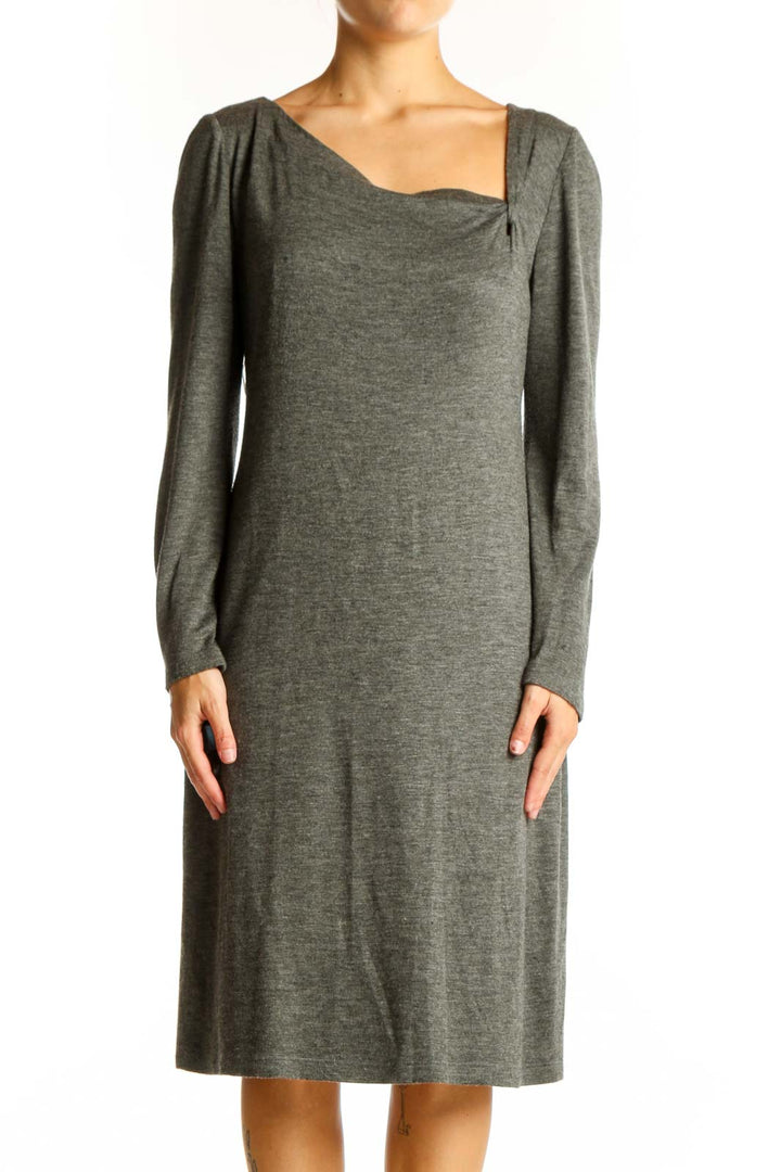 Front view of gray David Meister midi dress with square neckline