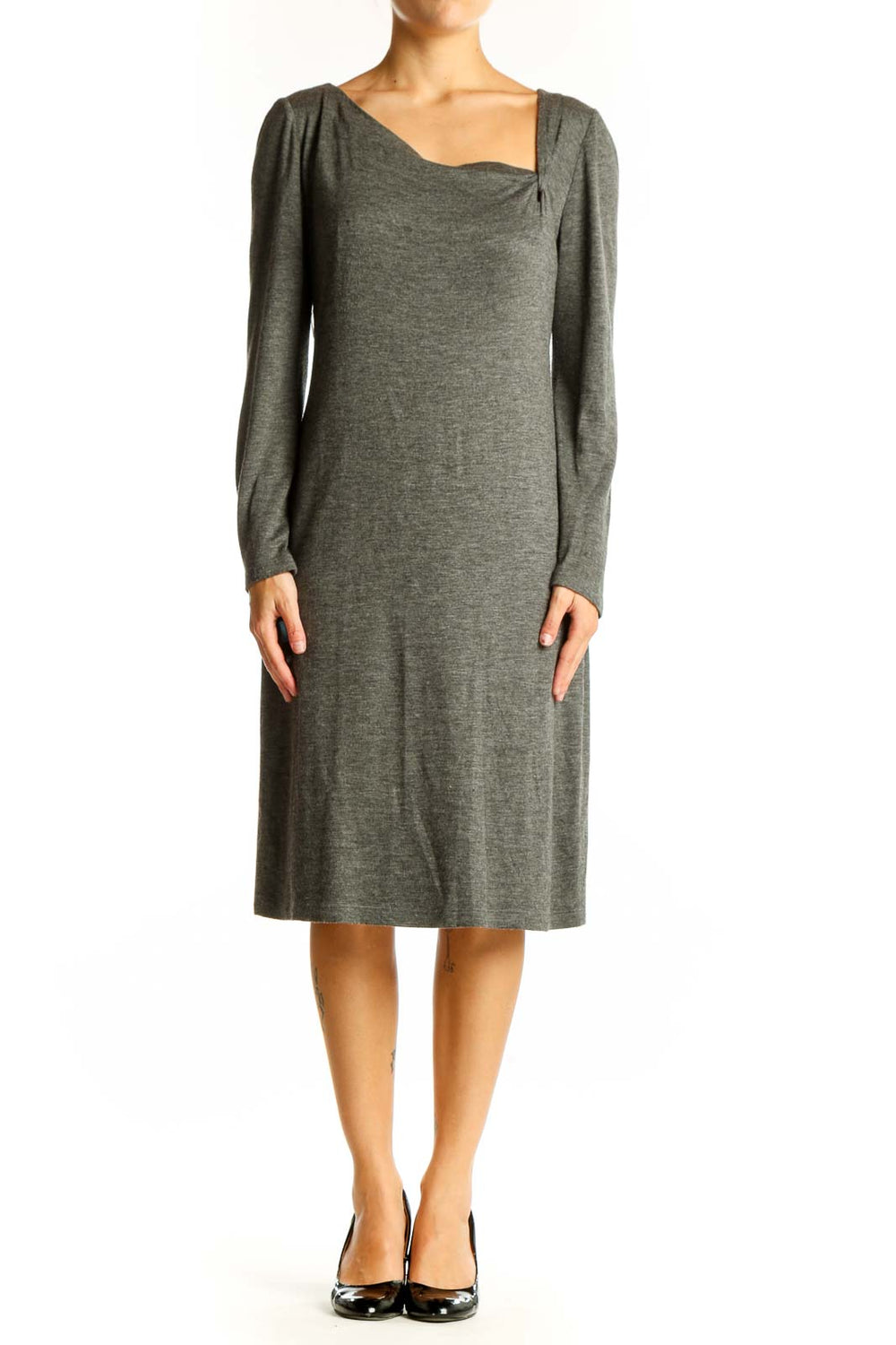 Front view of gray David Meister midi dress with square neckline