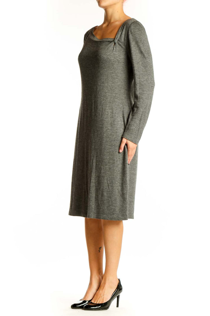 Front view of gray David Meister midi dress with square neckline