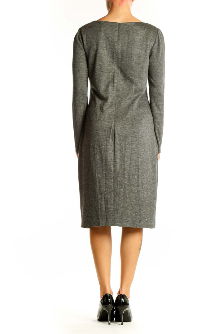 Back view of gray David Meister long-sleeve midi dress