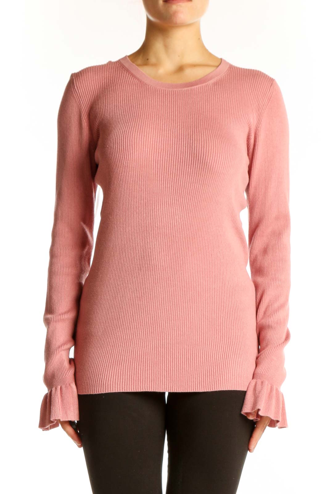 Front view of Ann Taylor pink ribbed sweater with bell sleeves