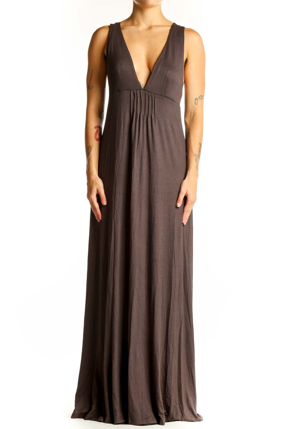 Front view of brown Mustard Seed maxi dress with plunging V-neckline