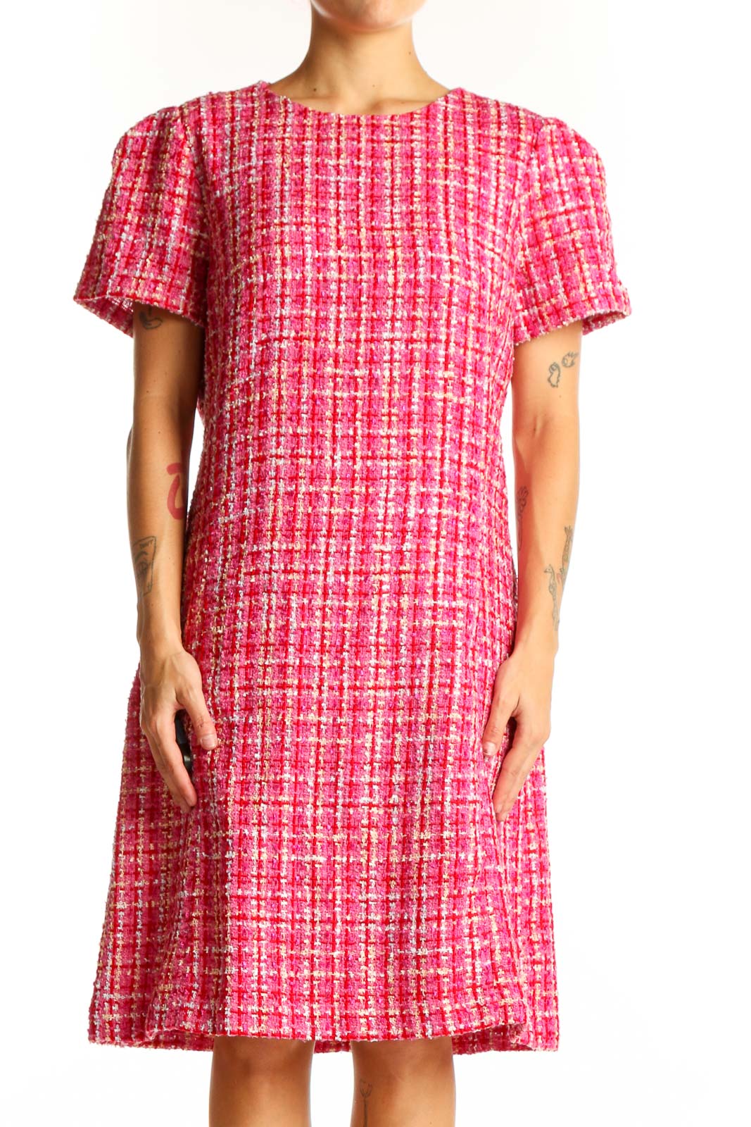 Front view of Ann Taylor pink tweed short sleeve shift dress
