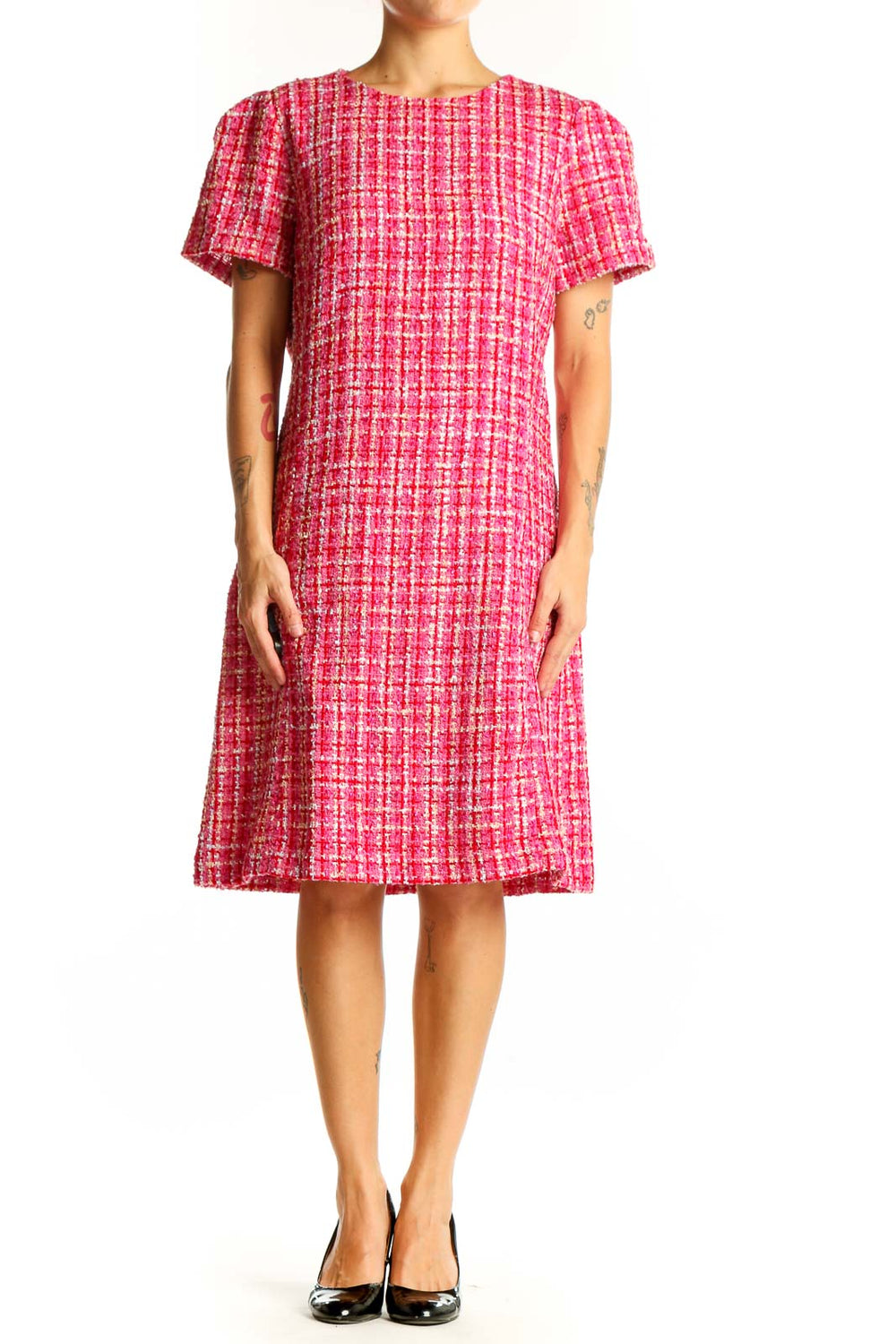 Front view of Ann Taylor pink tweed short sleeve shift dress