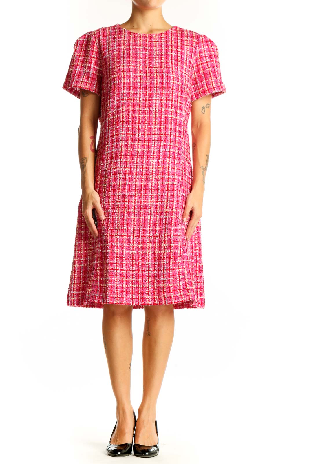 Front view of Ann Taylor pink tweed short sleeve shift dress