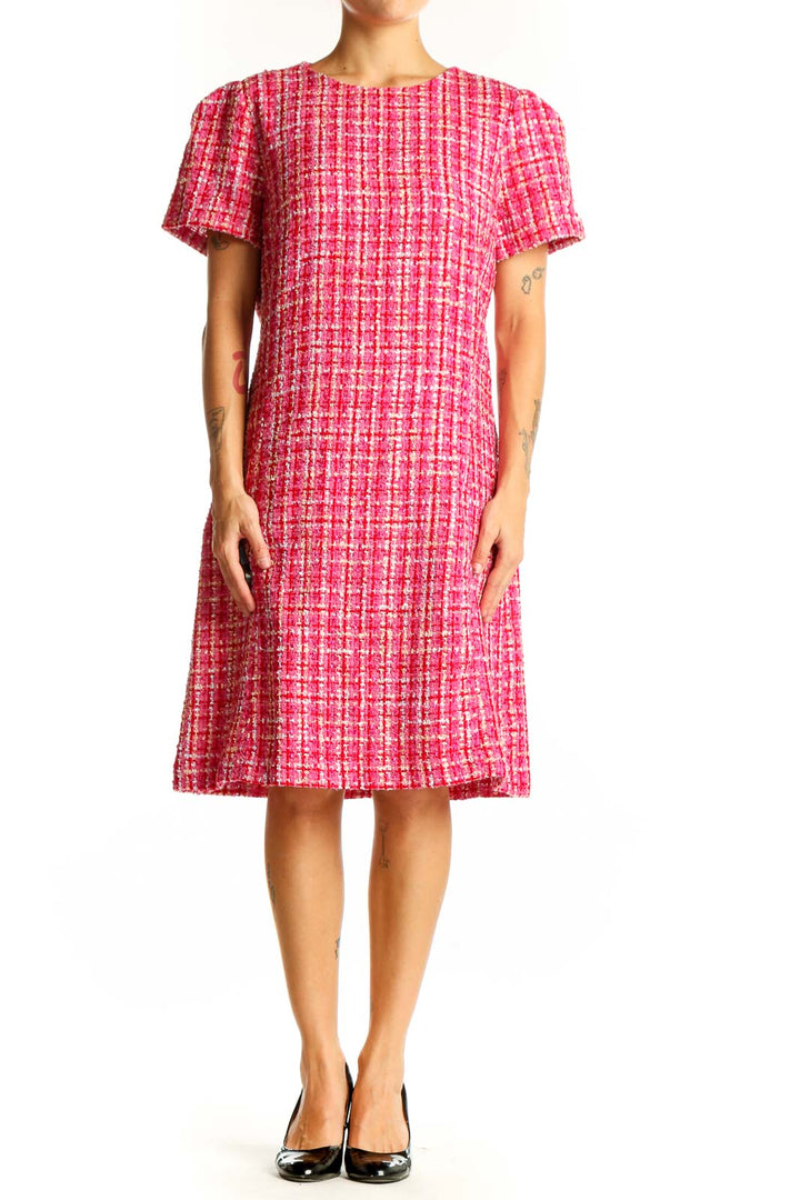 Front view of Ann Taylor pink tweed short sleeve shift dress