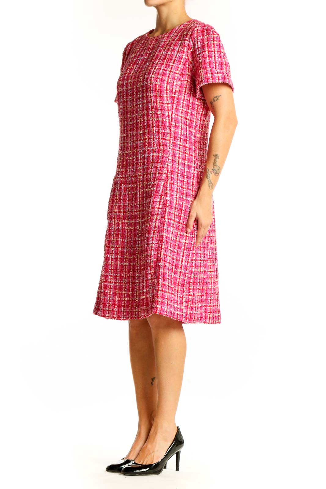 Front view of Ann Taylor pink tweed short sleeve shift dress