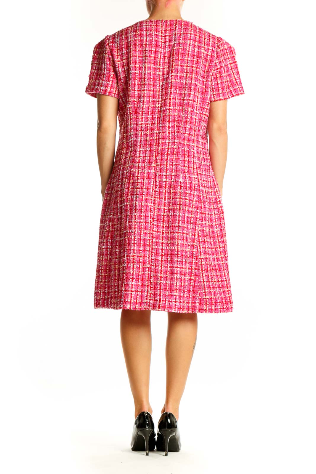 Side view of Ann Taylor pink tweed short sleeve shift dress