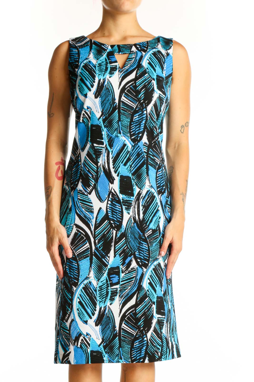 Front view of Blue Leaf Print Sleeveless Sheath Dress by Black Label by Evan Picone