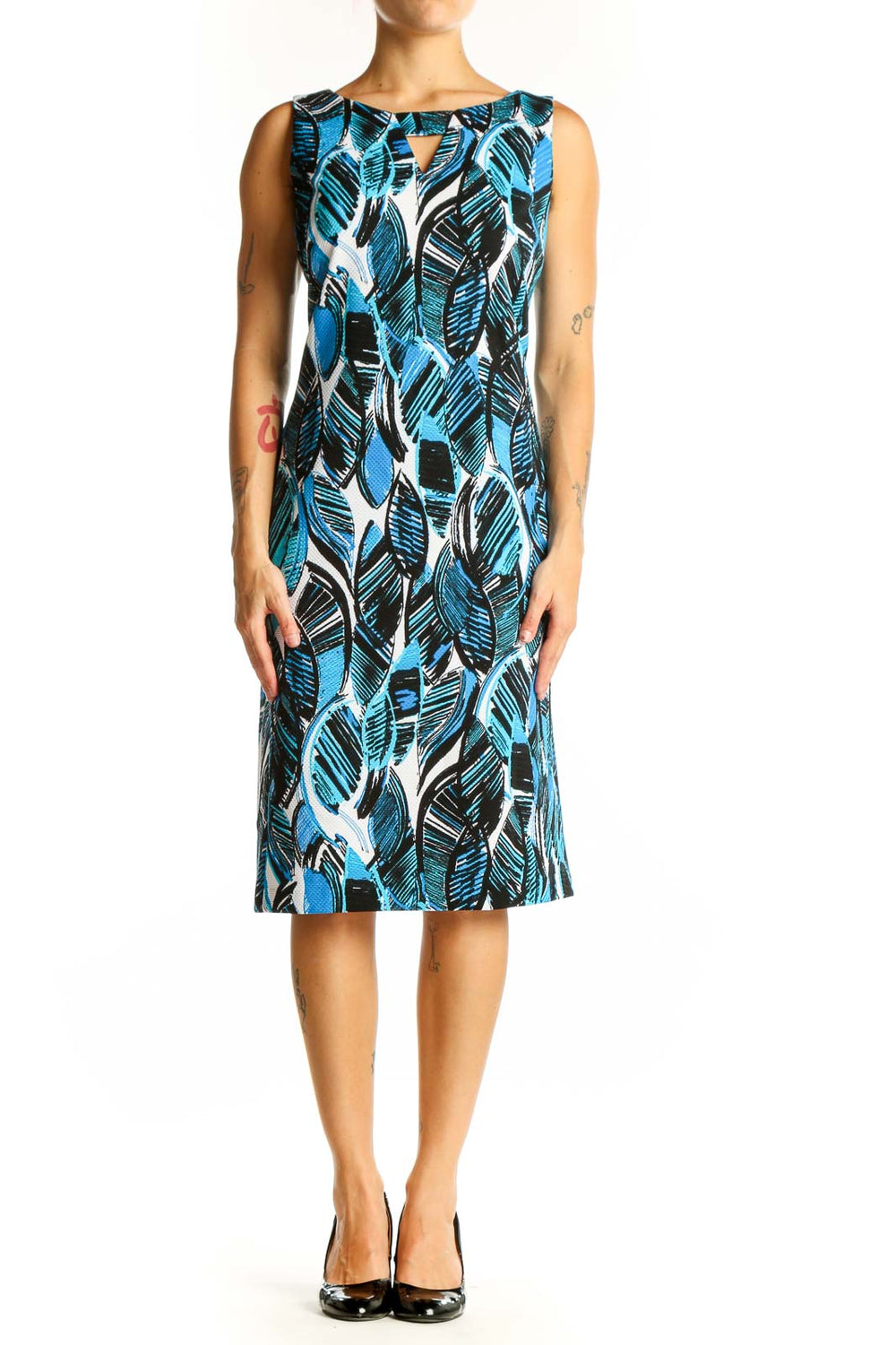 Front view of Blue Leaf Print Sleeveless Sheath Dress by Black Label by Evan Picone