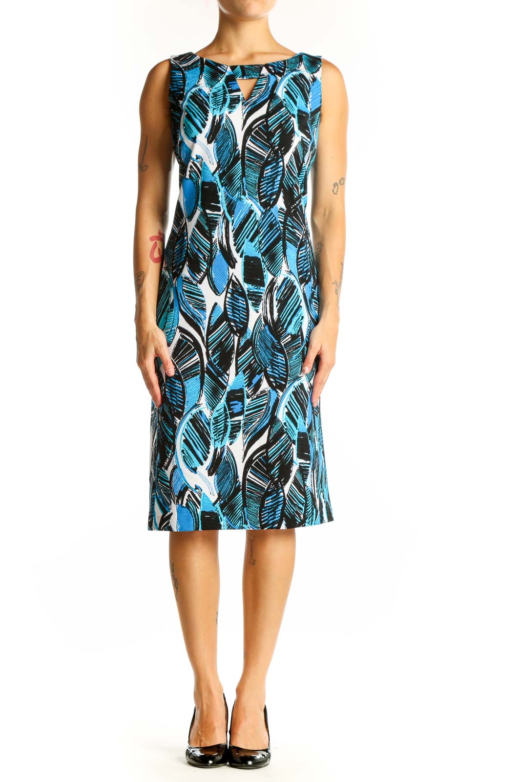 Front view of Blue Leaf Print Sleeveless Sheath Dress by Black Label by Evan Picone