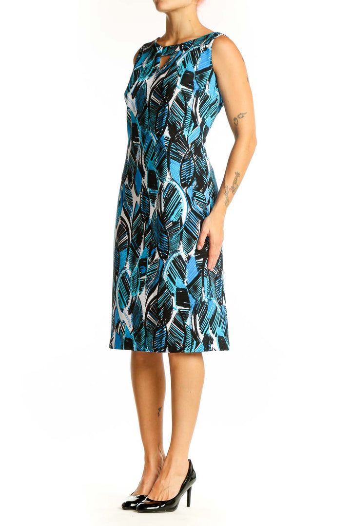 Front view of Blue Leaf Print Sleeveless Sheath Dress by Black Label by Evan Picone