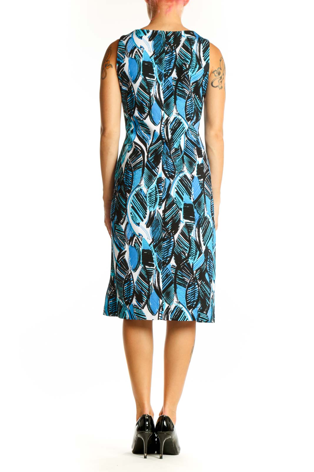 Side view of Blue Leaf Print Sleeveless Sheath Dress by Black Label by Evan Picone