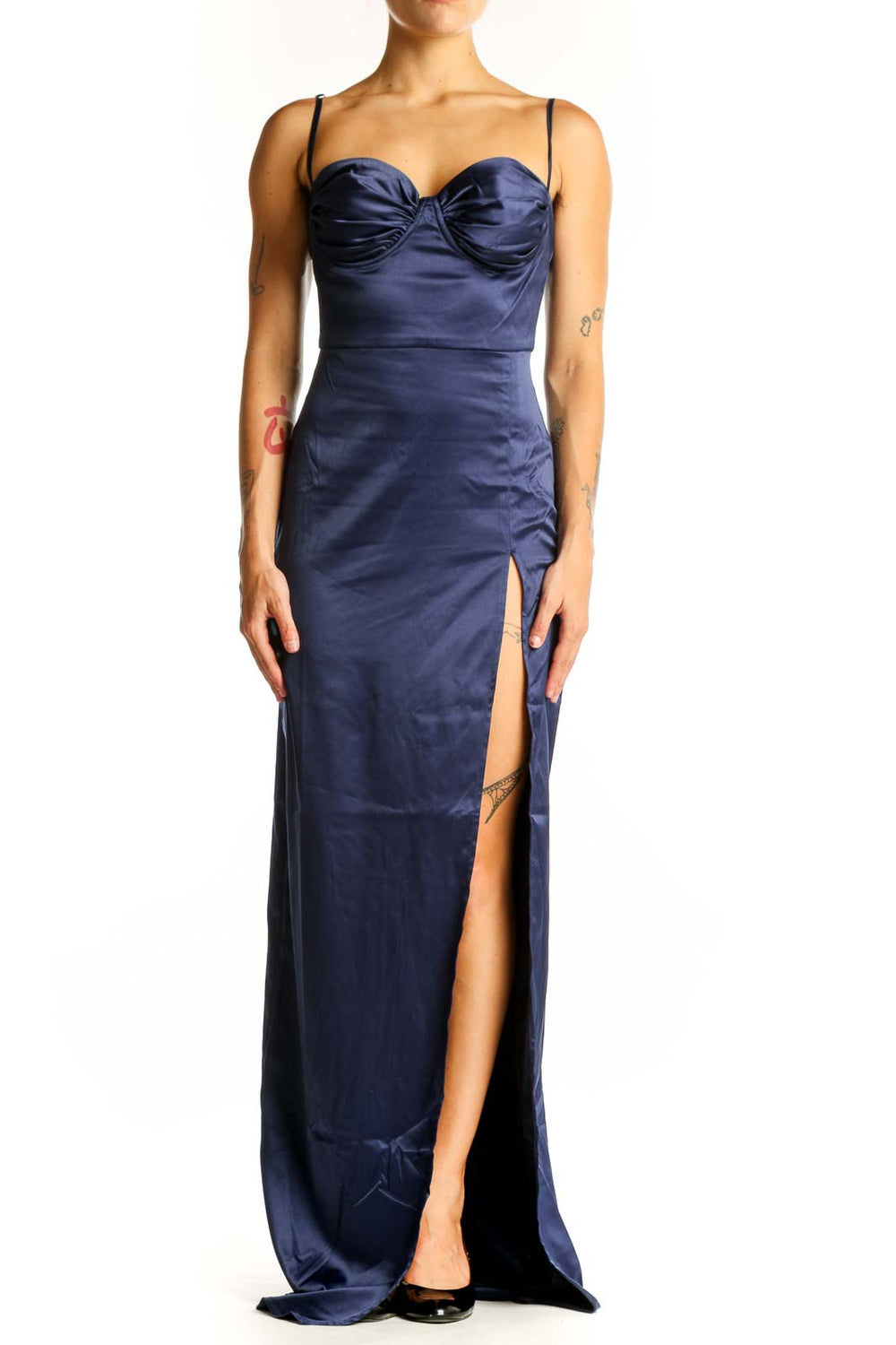 Front view of navy satin maxi dress with sweetheart neckline and high slit