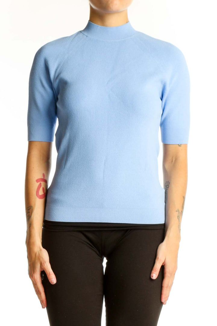 Front view of light blue Theory mock neck short sleeve top