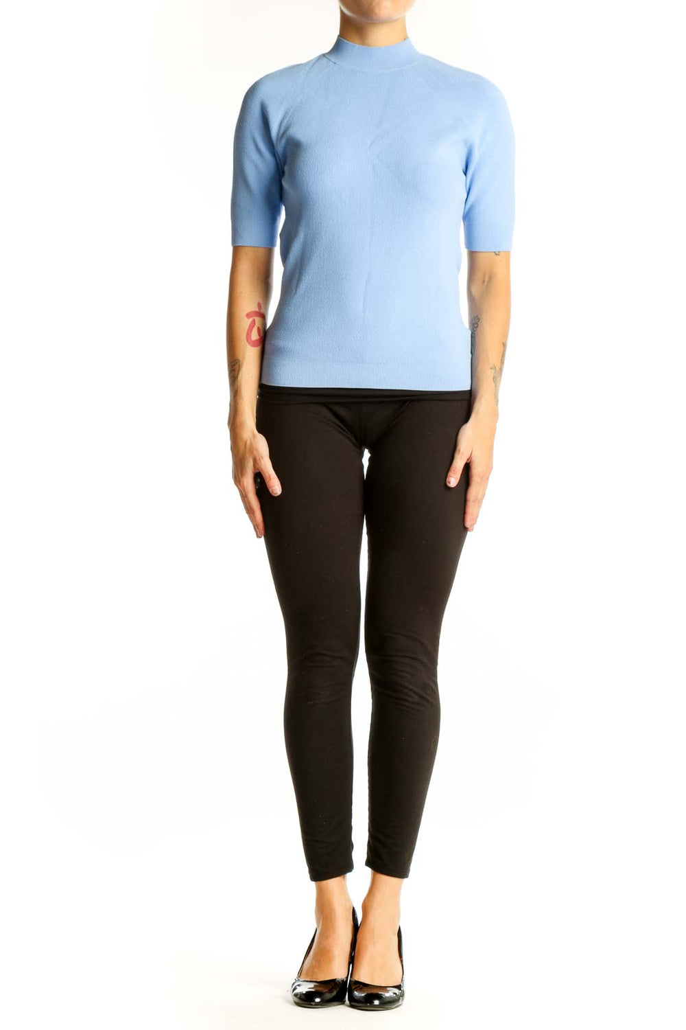 Front view of light blue Theory mock neck short sleeve top