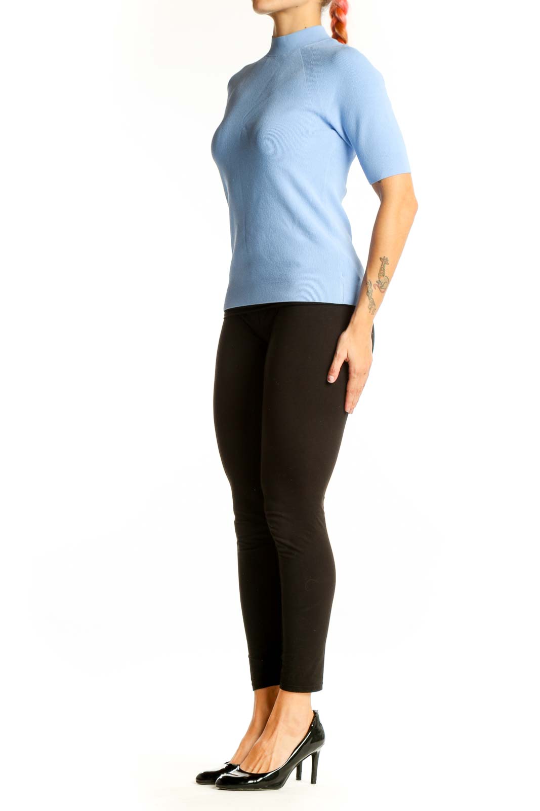 Front view of light blue Theory mock neck short sleeve top