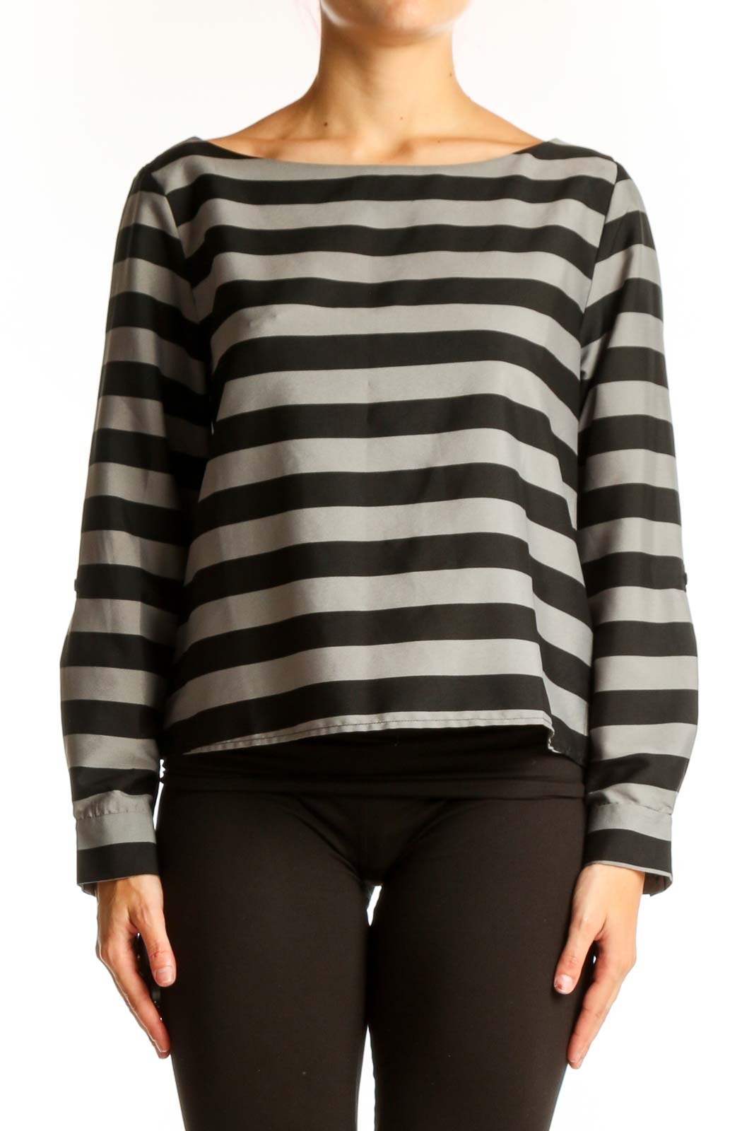 Front view of Banana Republic Black and Gray Striped Long Sleeve Top with boat neckline