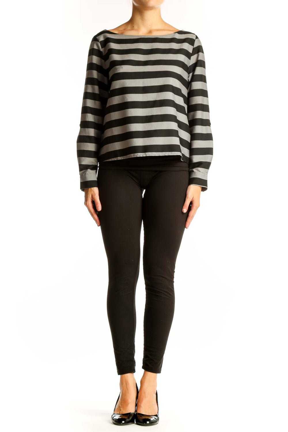 Front view of Banana Republic Black and Gray Striped Long Sleeve Top with boat neckline