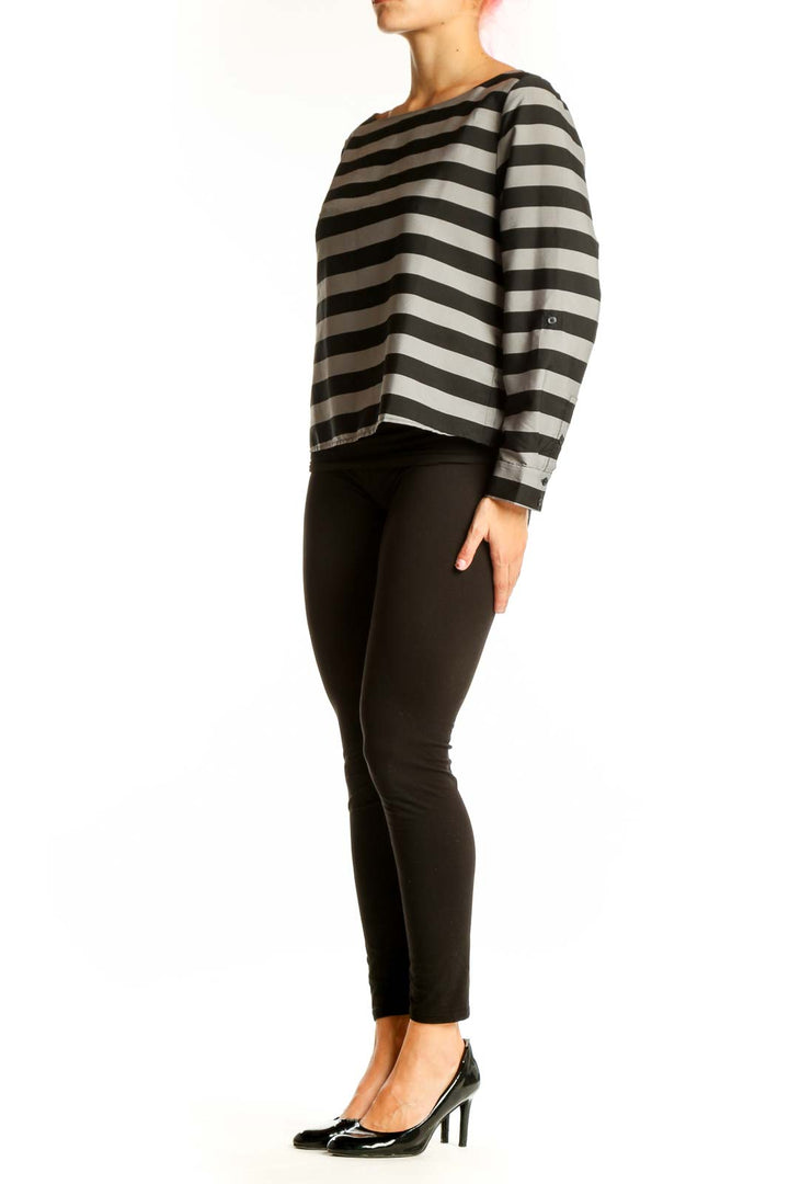 Front view of Banana Republic Black and Gray Striped Long Sleeve Top with boat neckline