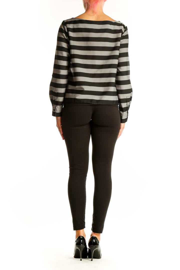 Back view of Banana Republic Black and Gray Striped Long Sleeve Top showing relaxed fit
