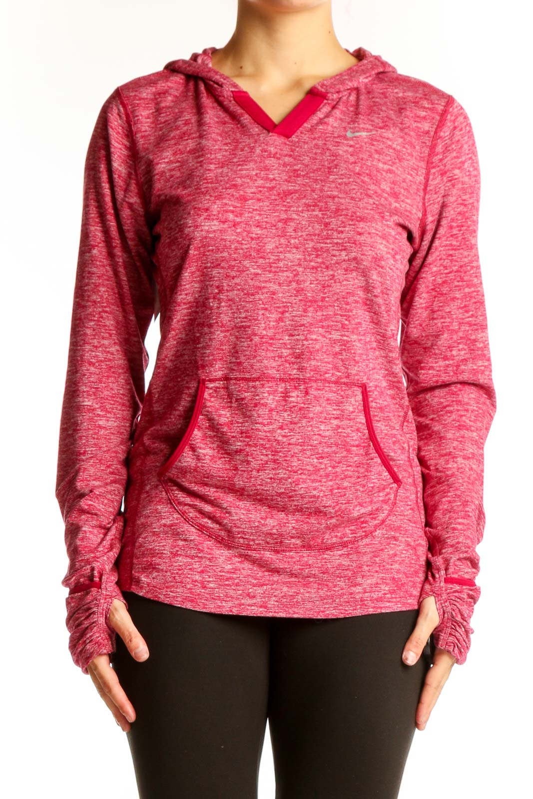 Front view of pink heathered Nike performance hoodie with kangaroo pocket