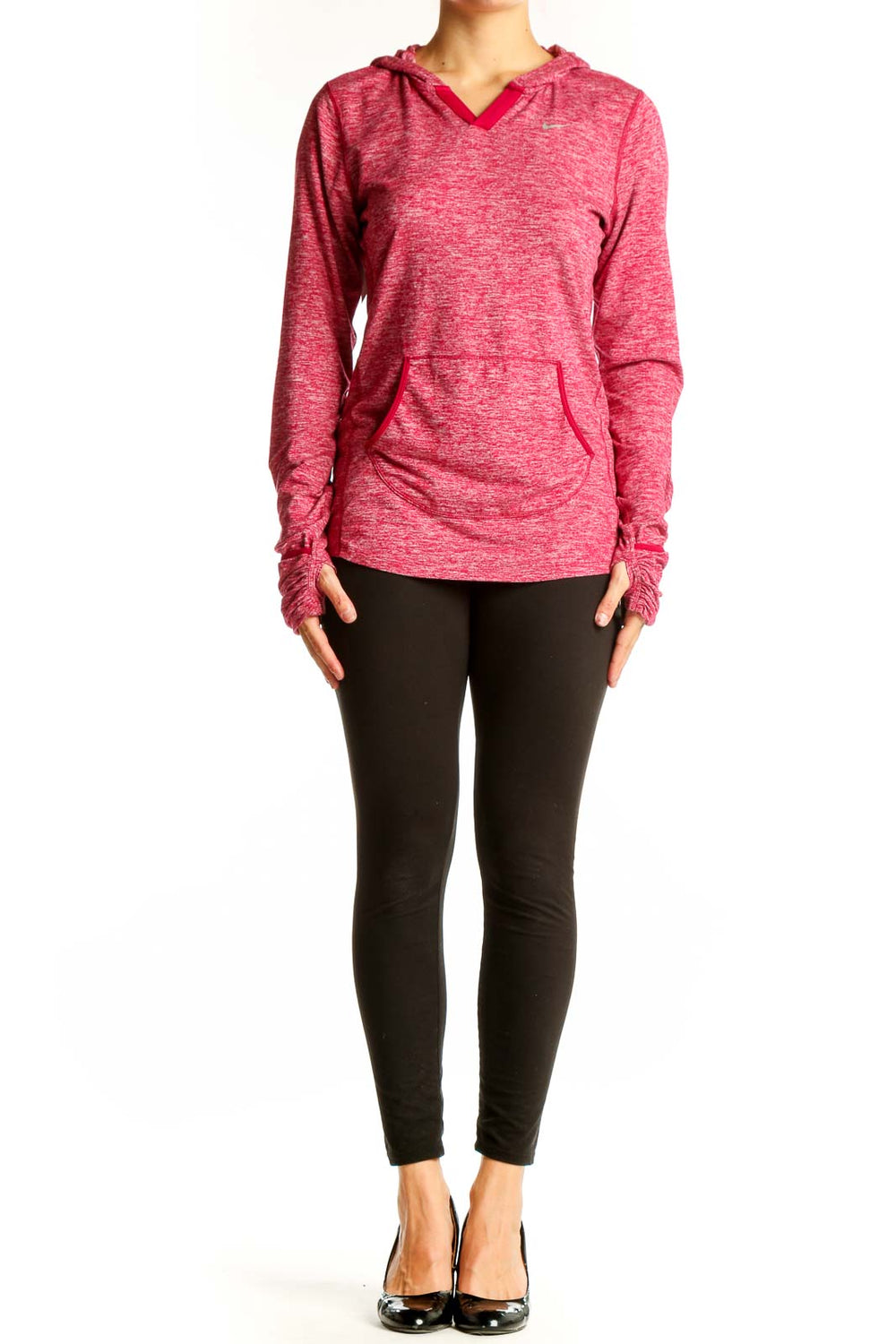Front view of pink heathered Nike performance hoodie with kangaroo pocket