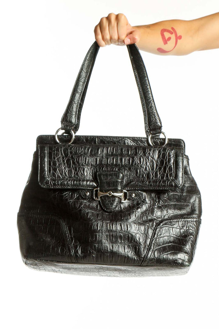 Front view of black croc-embossed leather shoulder bag from Talbots