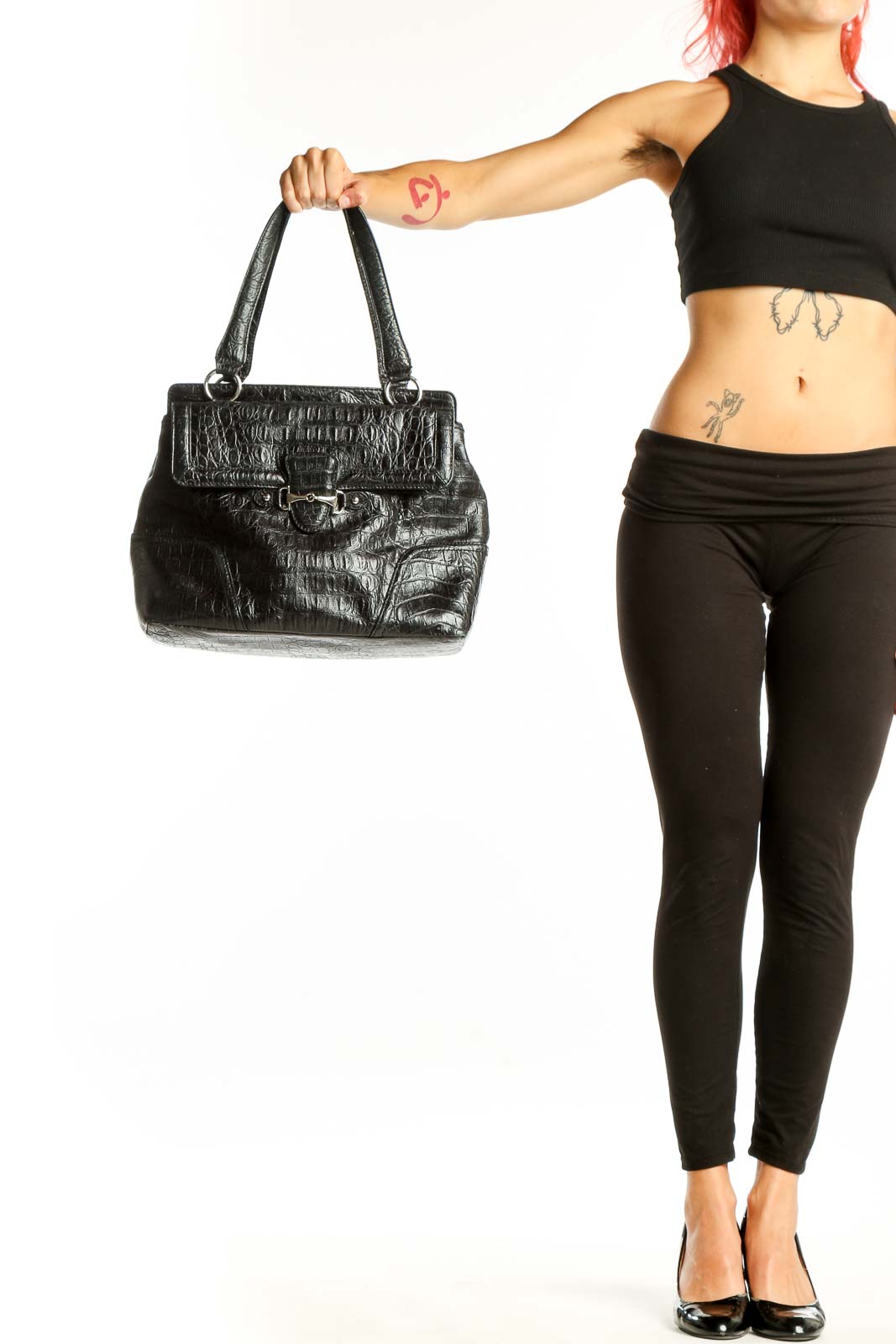Front view of black croc-embossed leather shoulder bag from Talbots
