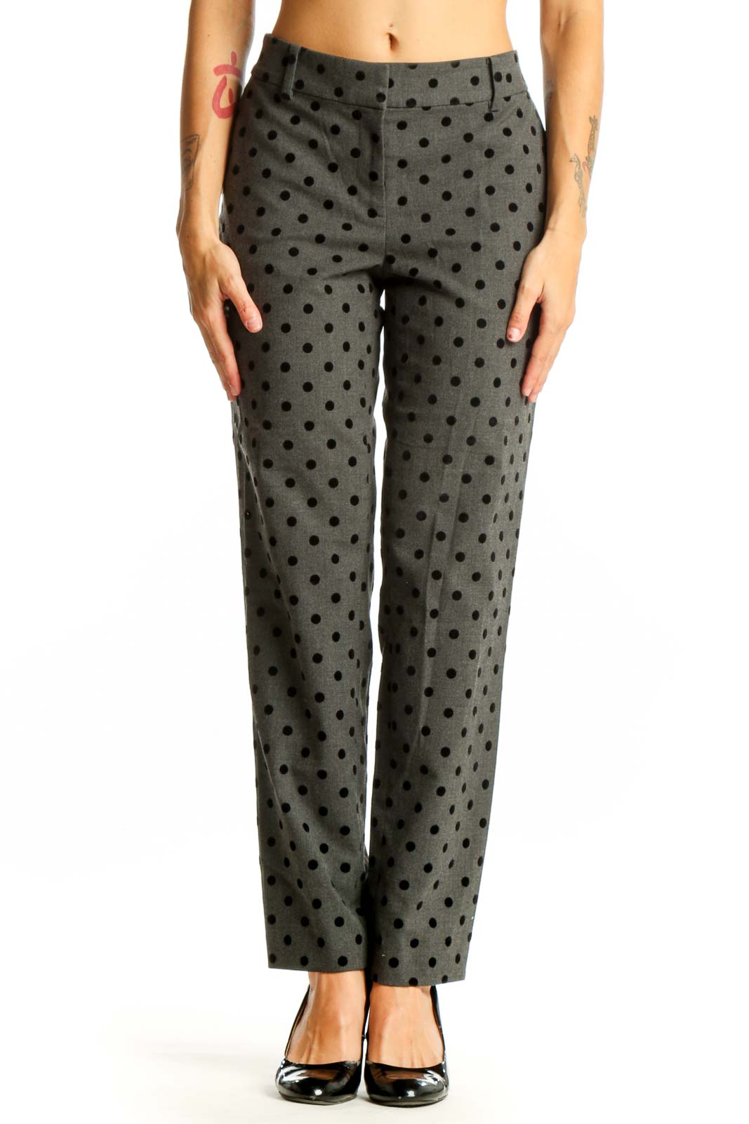 Front view of Ann Taylor gray polka dot dress pants