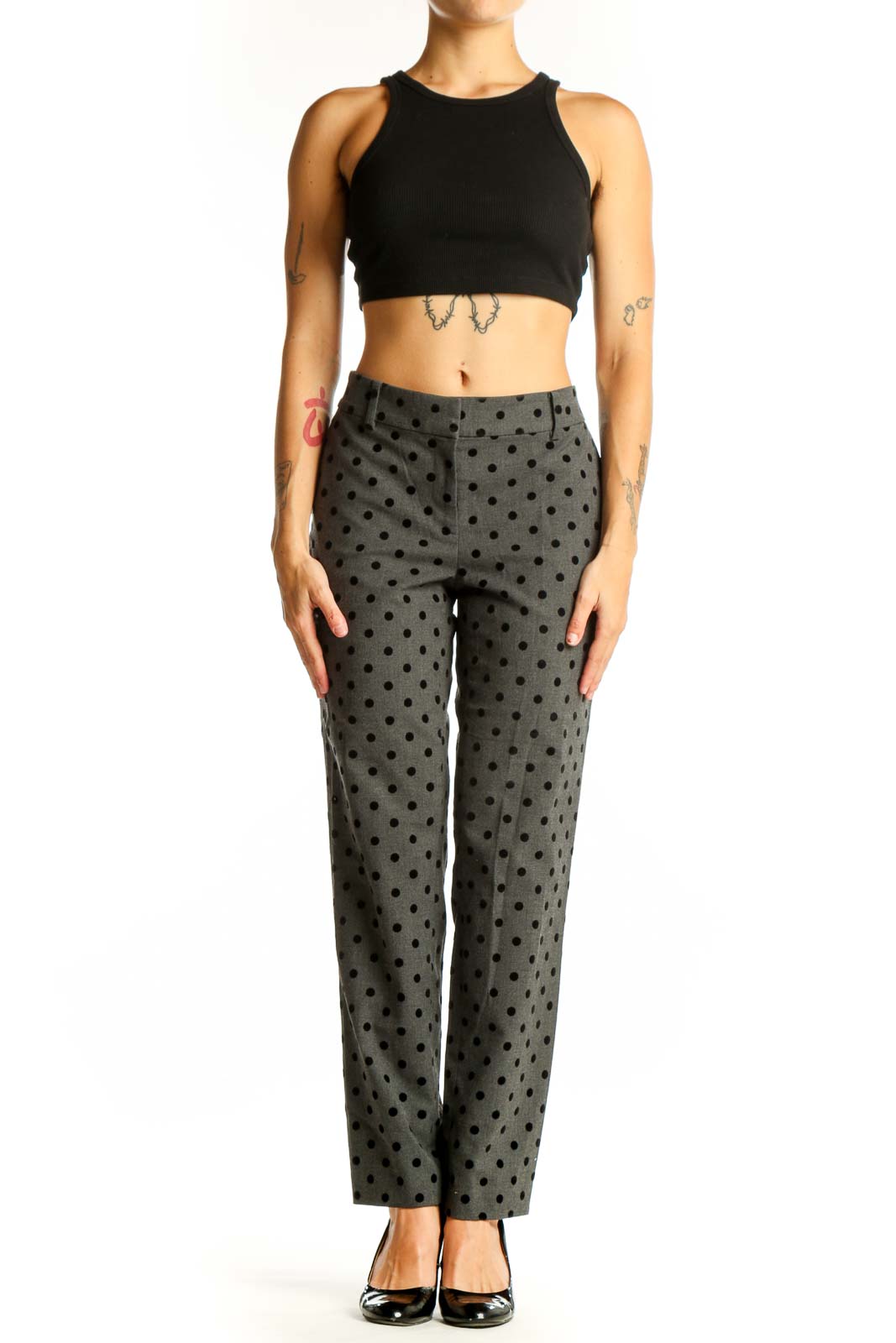 Front view of Ann Taylor gray polka dot dress pants