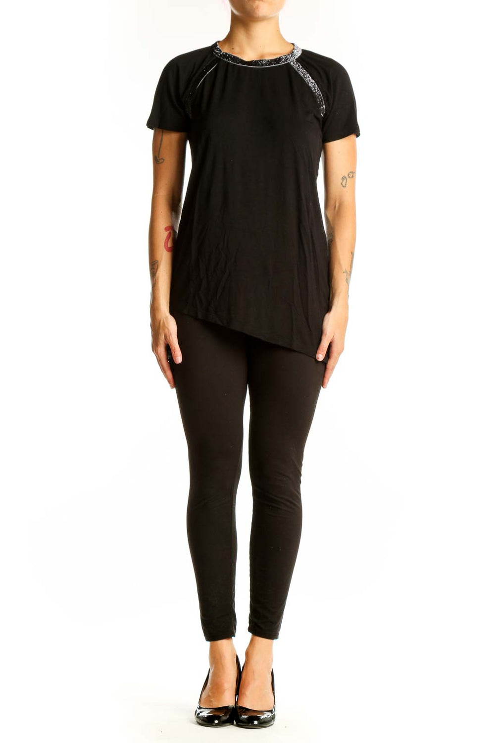 Front view of Design History black asymmetrical short sleeve top with sparkle trim