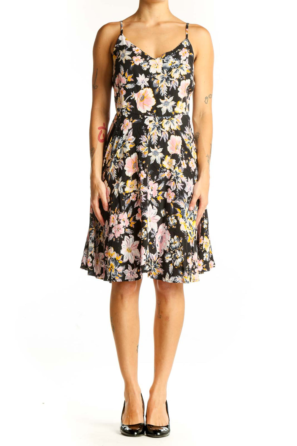 Front view of black floral Gap dress with spaghetti straps and sweetheart neckline