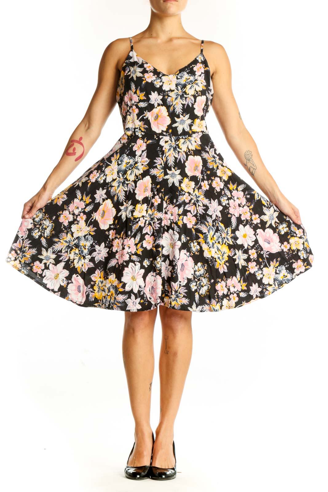 Front view of black floral Gap dress with spaghetti straps and sweetheart neckline