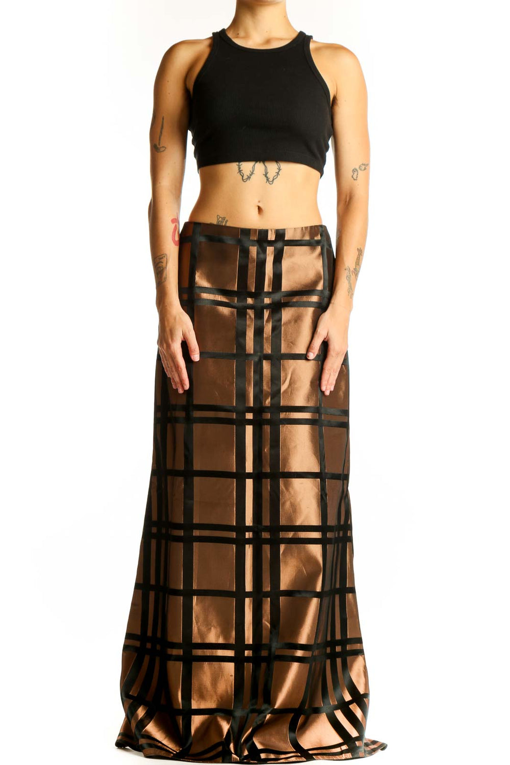 Front view of JS Collections bronze plaid maxi skirt with black grid pattern
