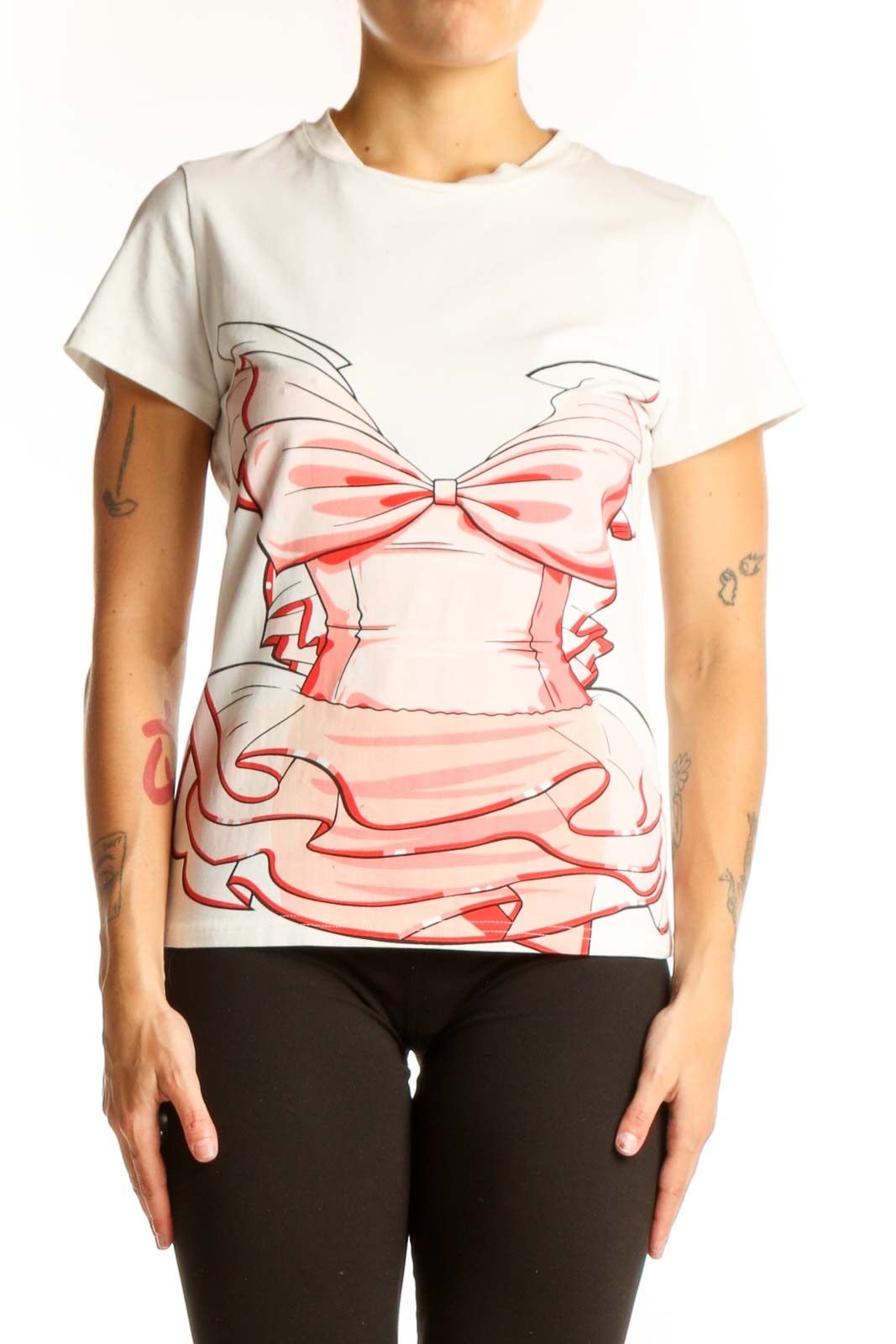 Front view of white Moschino Couture t-shirt with pink dress graphic print